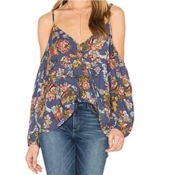 BISHOP + YOUNG BLUE ROMANTIC FLORAL BOHO COLD SHOULDER BLOUSE WOMEN'S SZ L - Picture 1 of 10